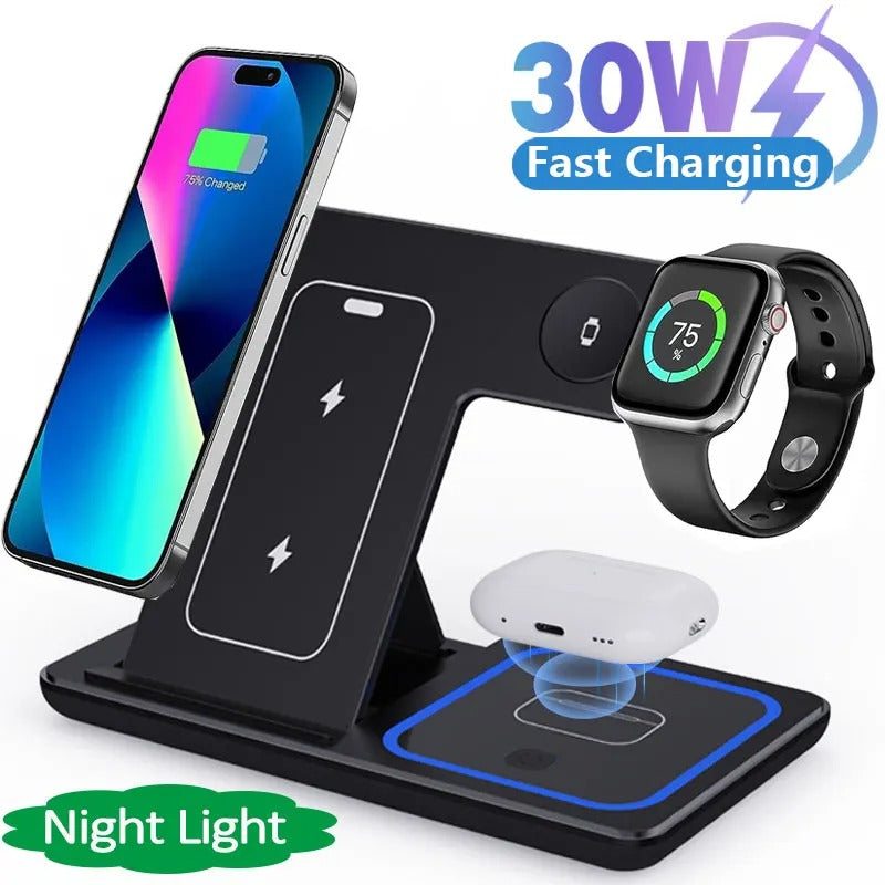 OPTI-30W LED Fast Wireless Charger Stand 3 in 1 Foldable Charging Station For iPhone 15 14 13 12 11 Apple Watch 9 8 7 6 5 Airpods Pro