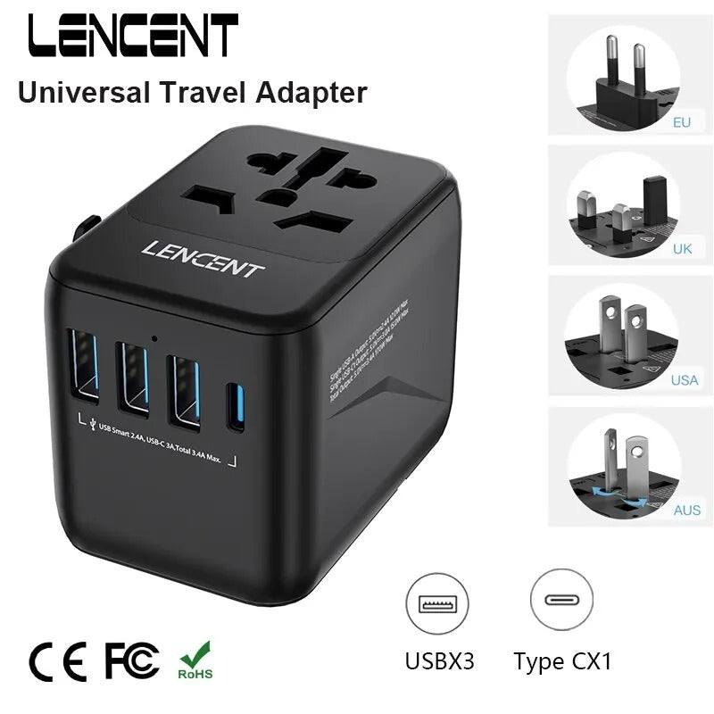 OPTI - LENCENT Universal Travel Adapter with 3 USB Ports 1Type-C PD Charging All-in-one Travel Adapter EU/UK/USA/AUS Plug for Travel