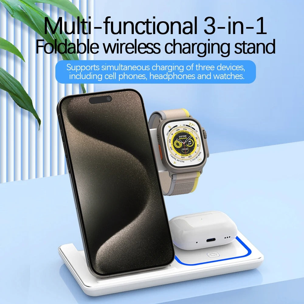 OPTI-30W LED Fast Wireless Charger Stand 3 in 1 Foldable Charging Station For iPhone 15 14 13 12 11 Apple Watch 9 8 7 6 5 Airpods Pro