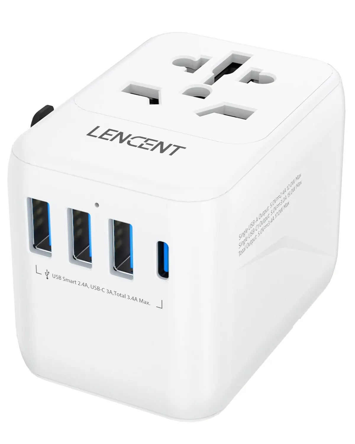 OPTI - LENCENT Universal Travel Adapter with 3 USB Ports 1Type-C PD Charging All-in-one Travel Adapter EU/UK/USA/AUS Plug for Travel